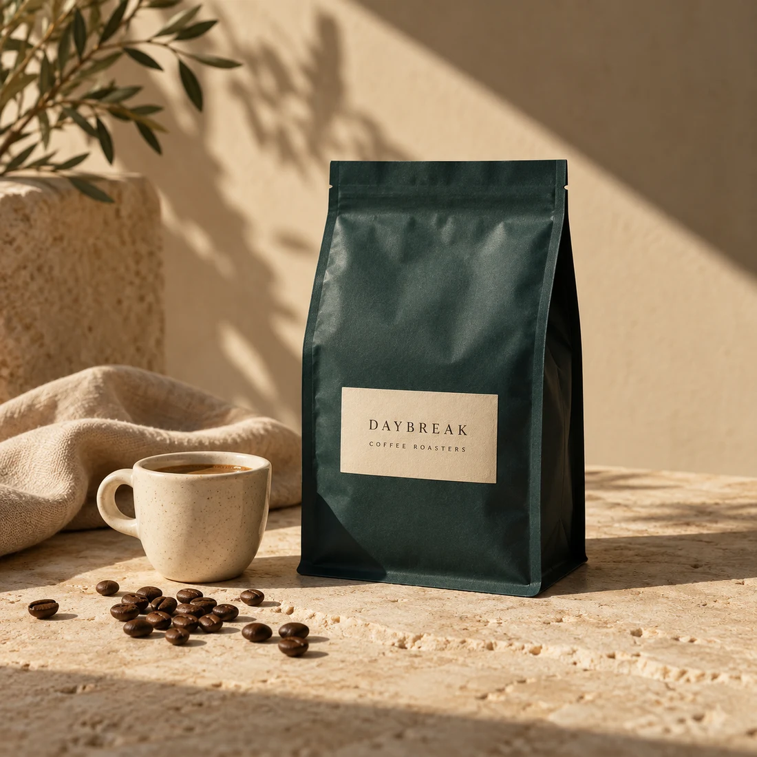 Daybreak coffee bag and ceramic cup in warm light